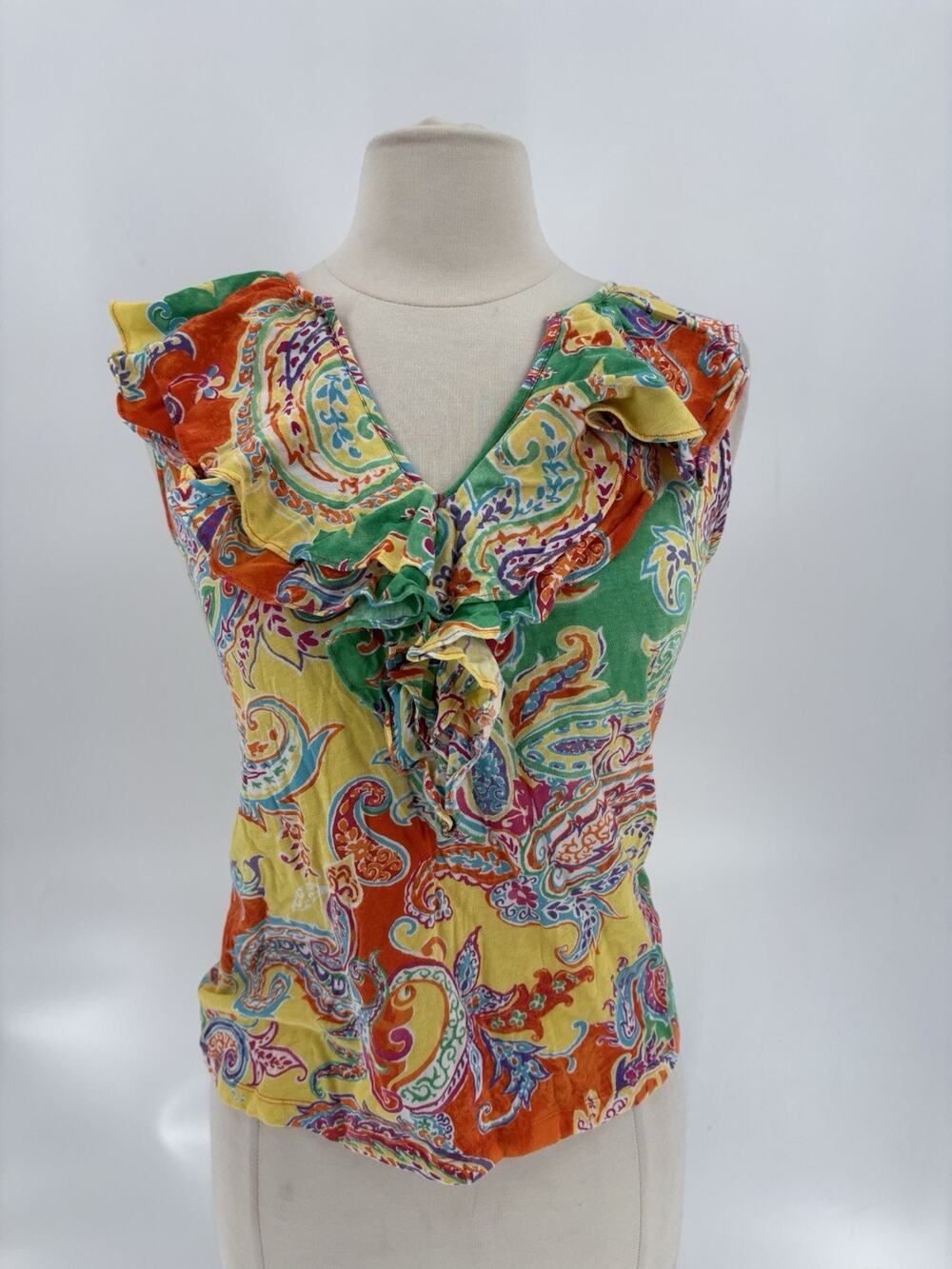 Ralph Lauren Y2K Blouse Womens Petite Medium Yellow Green Ruffle Paisley V Neck